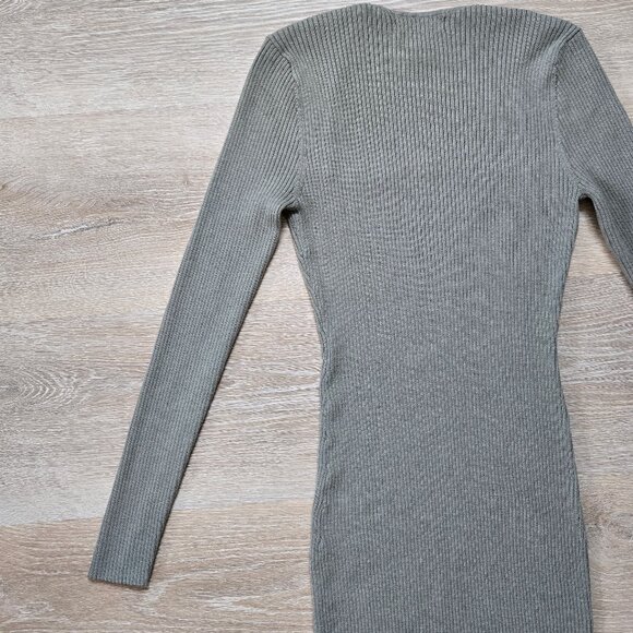 H&M Khaki Green Rib Knit Long Sleeve Midi Dress With Square Neckline Size Small - Picture 8 of 17